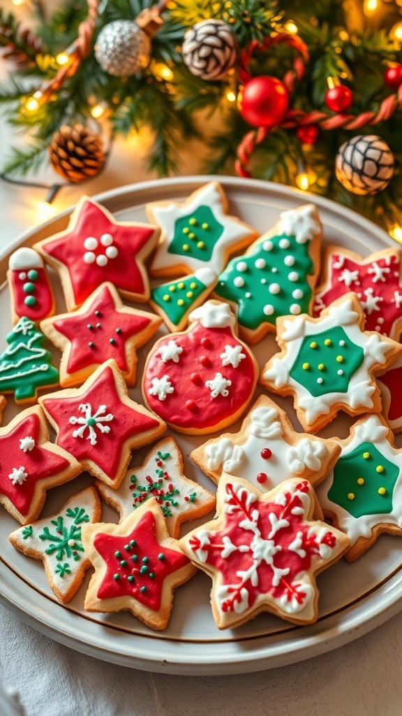 A platter of decorated Christmas cookies in festive shapes, surrounded by holiday decorations.